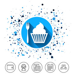 Eat sign icon. Dessert fork with muffin.