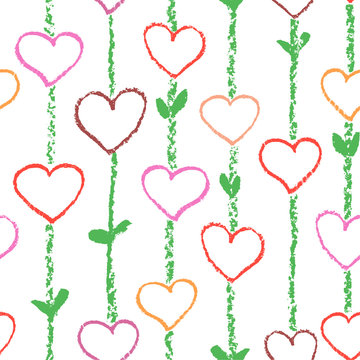 Floral love heart seamless pattern. Wax crayon or pencil like kid`s drawn. Stroke stripes texture. Hand drawn art vector valentine background. Like child`s style love artistic design elements.