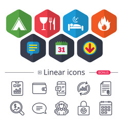 Food, sleep, camping tent and fire signs.