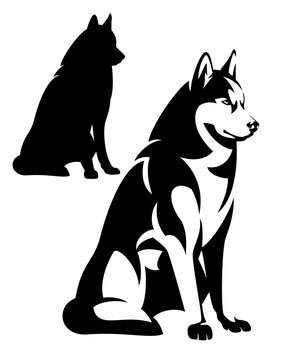 sitting husky dog simple black and white design - vector outline and silhouette