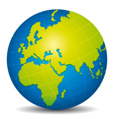 Beautiful blue and green 3d vector globe. Europe, Africa and Asia view.