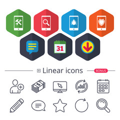 Smartphone icons. Shield protection, repair, bug.