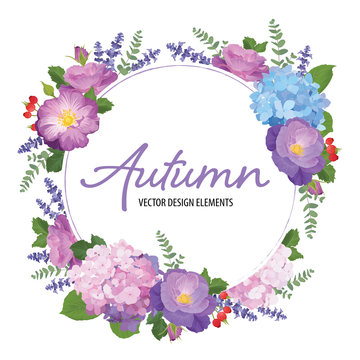 Floral frame with autumn hydrangea flowers, rose and lavender on white background. Vector set of blooming floral for wedding invitations and greeting card design. 