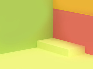 3d rendering green yellow red-pink corner wall abstract