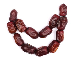 Dry dates isolated on white background, sweet fruit, top view
