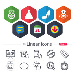 Wedding dress icon. Women's shoe symbol.