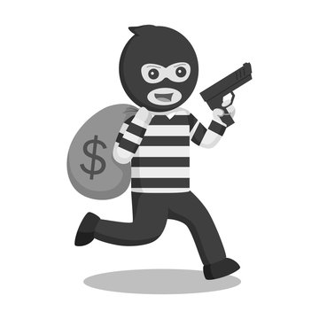 Thief holding gun and running with money black and white style