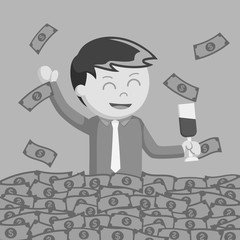 Young businessman cheerful bath in money black and white style