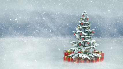 Beautiful decorated christmas tree with red present boxes in a snowy winter landscape