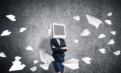 Business woman with monitor instead of head.