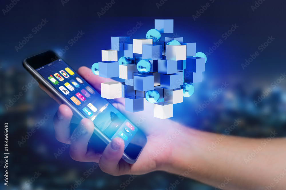 Poster 3d rendering blue and white cube on a futuristic interface