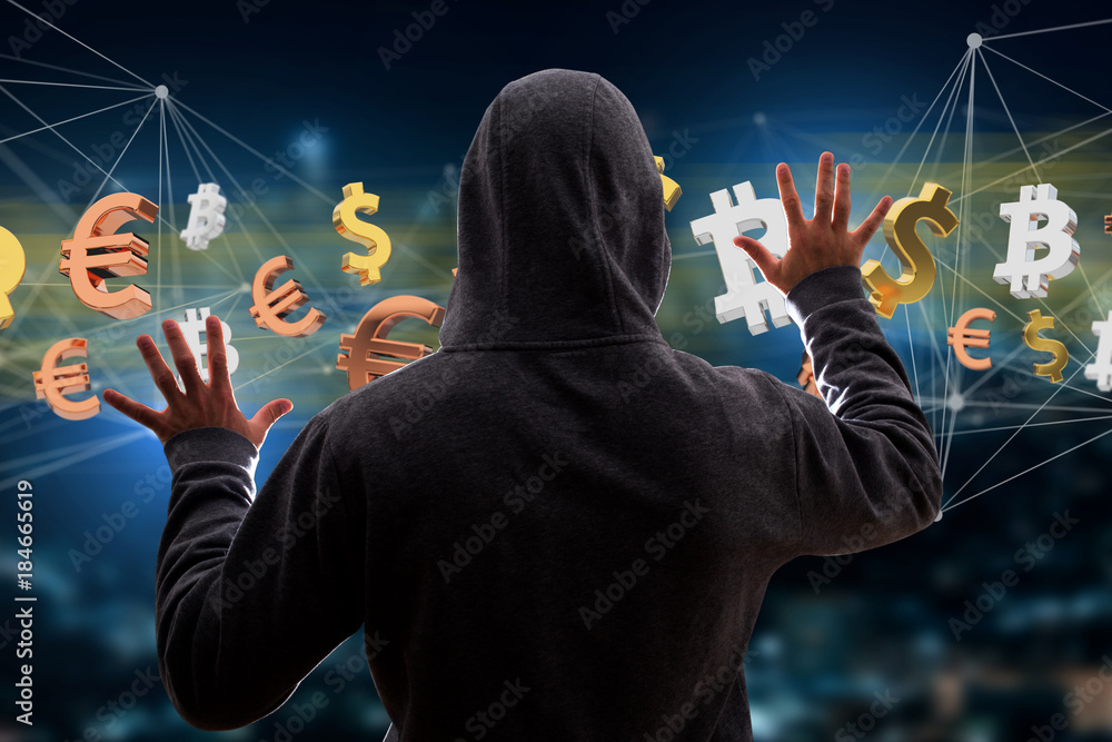 Poster hacker man in the dark using computer to hack data and information system