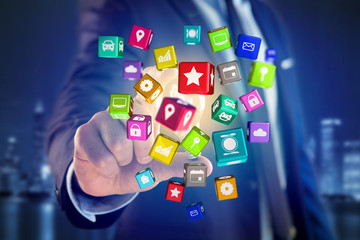 3D render Colorfull application cube displayed on a futuristic interface