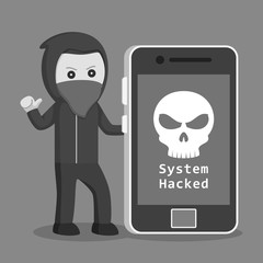 Hacker with big smartphone black and white style