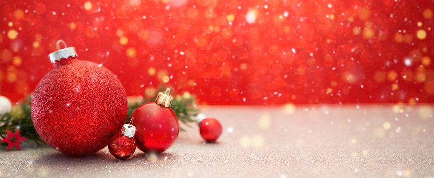 Christmas background with christmas balls, gifts and decoration