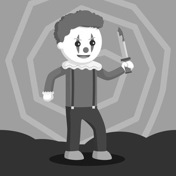 Evil clown holding bloody knife black and white style