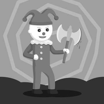 Evil clown holding bloody axe black and white style