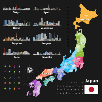 vector illustration of Japanese flag and prefectures map colored by regions. Largest city skylines, navigation, location, and travel icons