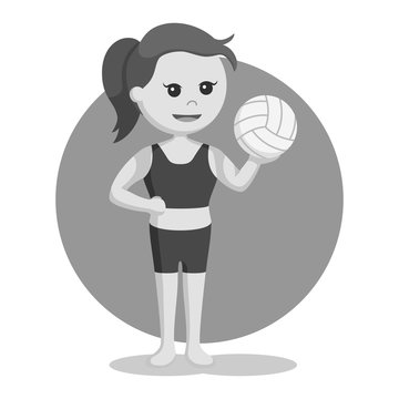 Volley beach girl holding volley ball black and white style