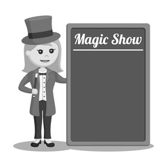 Woman magician with black board black and white style