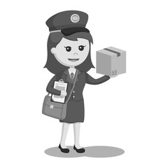 Postwoman with clipboard and parcel black and white style