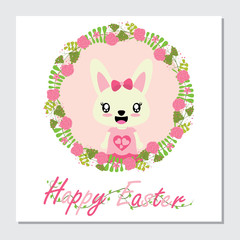 Cute bunny girl on flower wreath vector cartoon illustration for Easter card design, postcard, and wallpaper