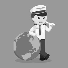 Pilot with big globe and plane toy black and white style