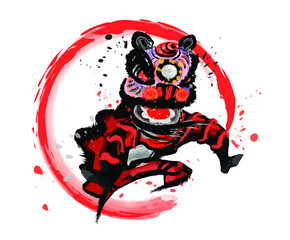 An isolated jumping Chinese lion in various colors and presented in splashing ink drawing style. Vector.