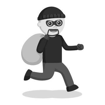 Man thief running with sack black and white style