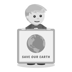 Man environmental activist with save earth board black and white style