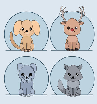 Set of cute linear cartoon dogs and deer. Vector element for your creativity