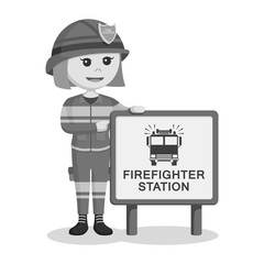 Fire woman with firefighter station sign black and white style