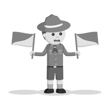 Angry boy scout holding semaphore flags black and white style