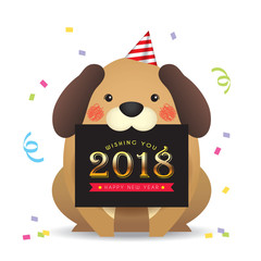 2018 New year template design. Cute cartoon dog with new year greetings card isolated on white background. Vector illustration.