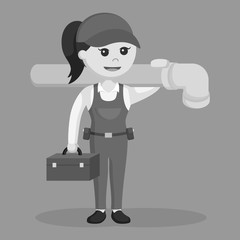 Female plumber holding tool box and giant pipe wrench black and white style