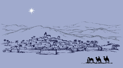 Magi go to Bethlehem. Vector drawing