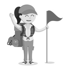 Fototapeta na wymiar Female hiker holding flag black and white style