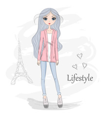 Hand drawn cute fashion cartoon girl. Vector illustration.