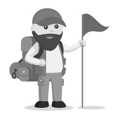Fototapeta na wymiar Fat hiker holding flag black and white style