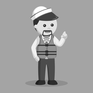 Sailor wearing life jacket in circle black and white style