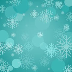 Blue Christmas background with colorful snowflakes and light reflections. Light illuminating backdrop