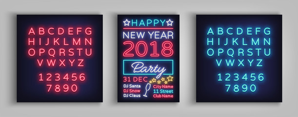 Naklejka premium New Year 2018 party poster in neon style. Happy New Year. Invitation card for a winter party. Flyer, postcard, banner, design template invitation. Vector illustration. Editing text neon sign