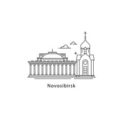 Novosibirsk logo isolated on white background. Novosibirsk s landmarks line vector illustration. Traveling to Russia cities concept.