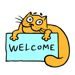 Cute orange hospitable cat invites for a holiday. Isolated vector illustration.