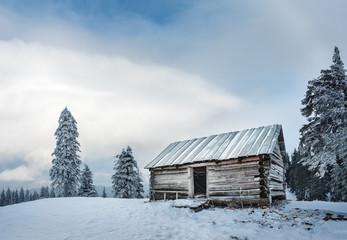Lonely empty house on the mountain hill in winter. Mountain slope with fir trees covered with snow.