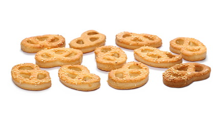 Salty handmade pretzels isolated on white background