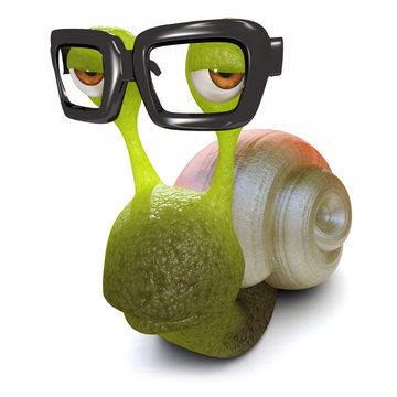 3d Funny cartoon snail wearing glasses
