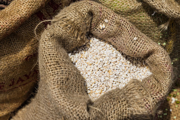 Sack of barley grains on the wooden table background