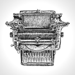 Vintage typewriter  drawing ink isolated on white background. Traditional Style Inked Hand Drawing Engraving Style