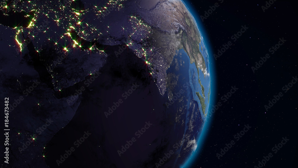 Poster 3d rendering earth from space against the background of the starry sky. shadow and illuminated side 